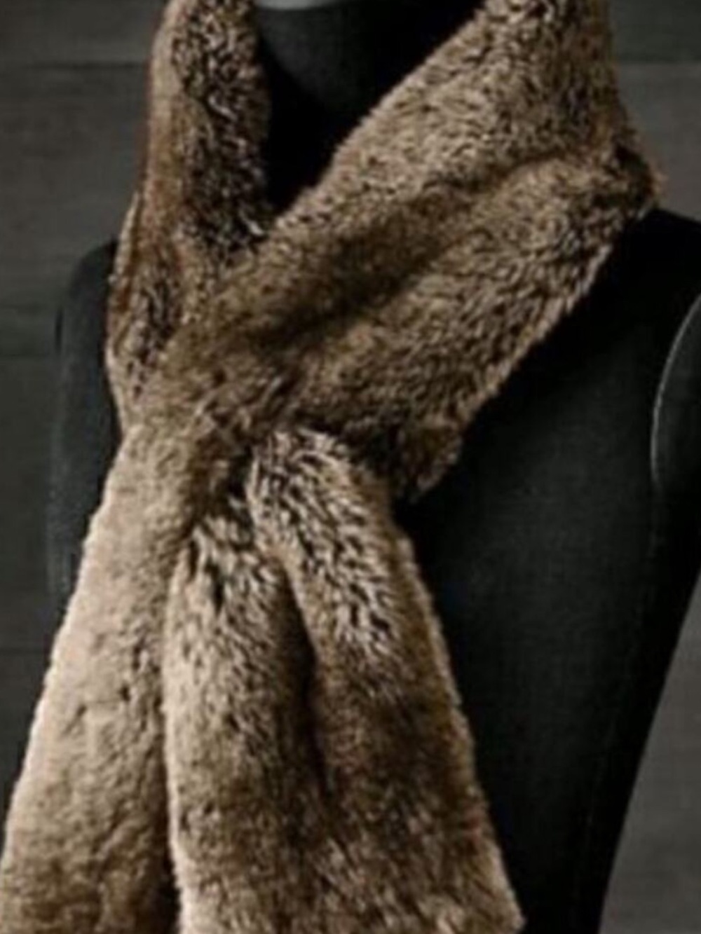 🧣RH Restoration Hardware Luxe Faux Fur Pull Through Brown Wolf Plush Scarf Wrap